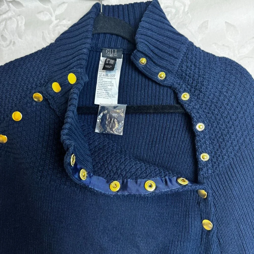 G.I.L.I. Got It Love It Sweater Cape Poncho Gold Button Navy Blue Knit Size XS/S - Picture 9 of 11